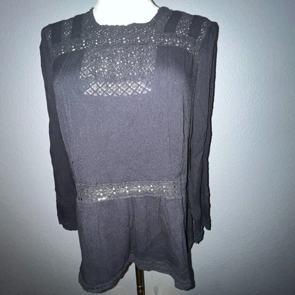 J. CREW POINT SUR Black Cotton Crepe & Lacey Bodice Waist & Sleeve Top Blouse 12